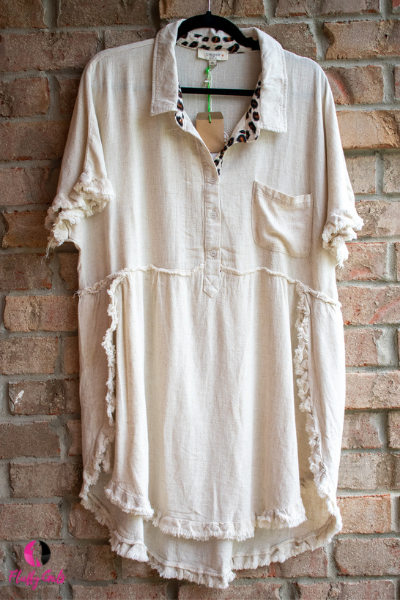 Linen Dress with Animal Print Trim Plus Size