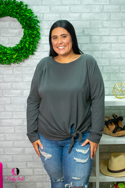 Plus Size long Sleeve Grey Front Tie-able Knot Top