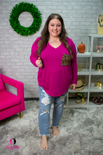 Load image into Gallery viewer, Magenta V-Neck Long Sleeve Top with Leopard Print Pocket
