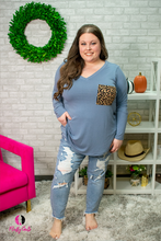 Load image into Gallery viewer, V-Neck Long Sleeve Top with Leopard Print Pocket

