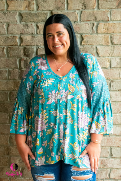 Turquoise Floral Flowing Plus Size Top