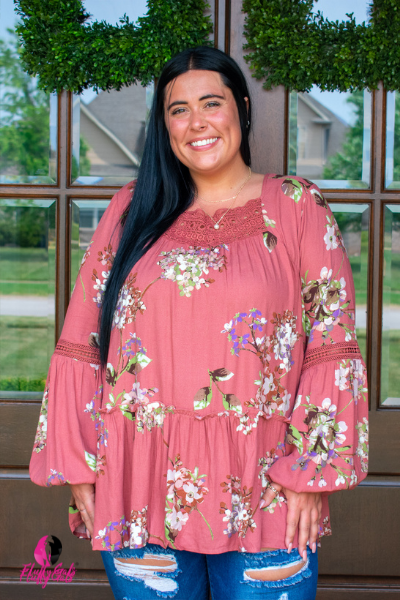 Terra Cotta Floral Plus Size Top with Cut Out Back