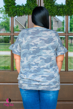 Load image into Gallery viewer, Ruffle Camo Grey Short Sleeve Plus Size Top
