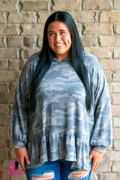 Grey Camo Plus Size Top With Hood