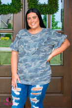 Load image into Gallery viewer, Ruffle Camo Grey Short Sleeve Plus Size Top
