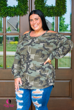 Load image into Gallery viewer, Green Camo Plus Size Top with Long Sleeves and Shoulders Out
