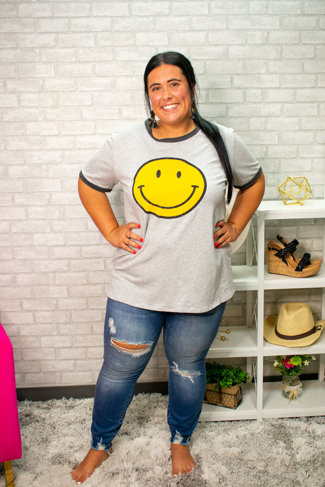 Grey Short Sleeve Smiley Face T-Shirt