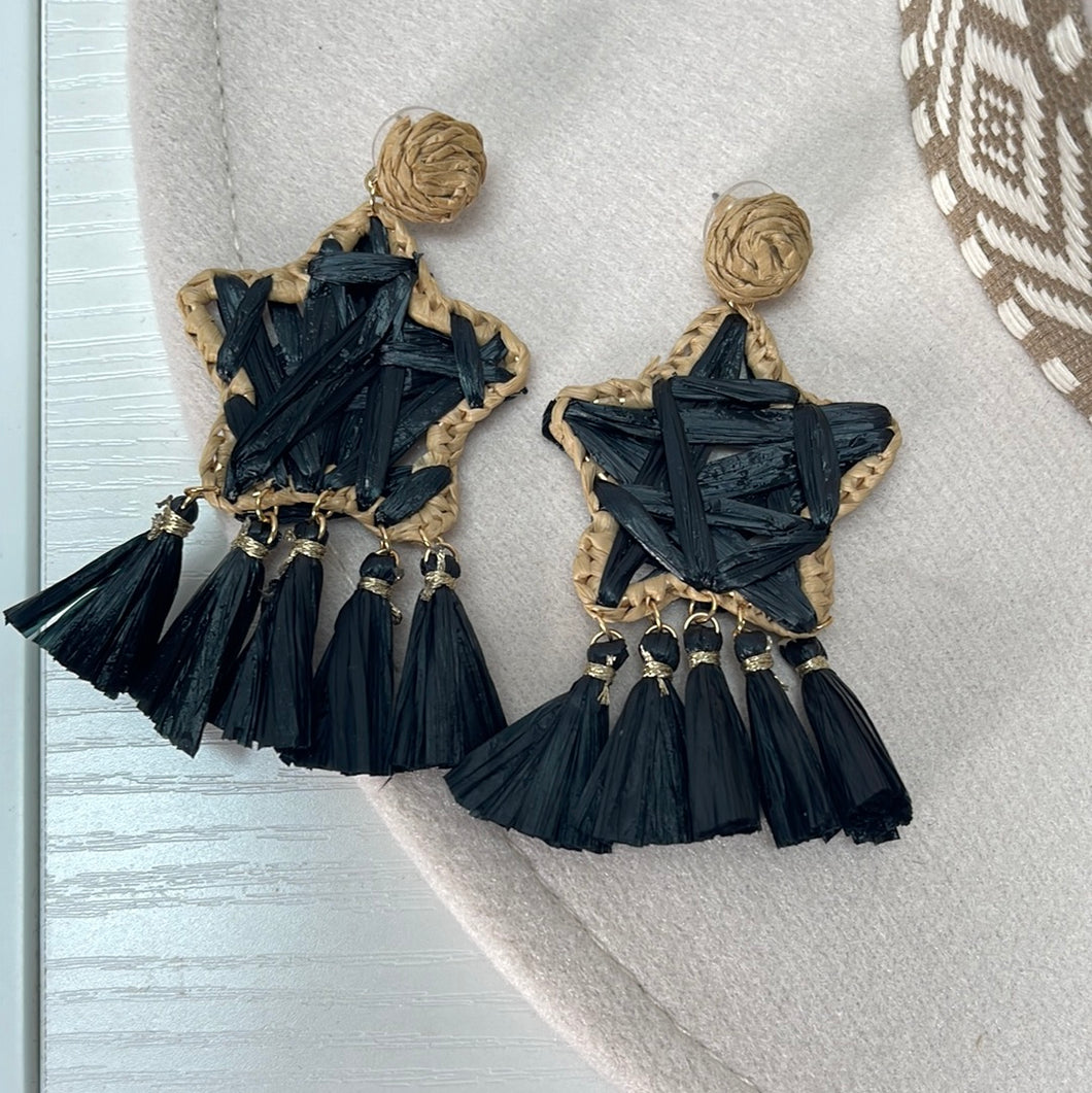 Black Raffia Star Drop Earrings