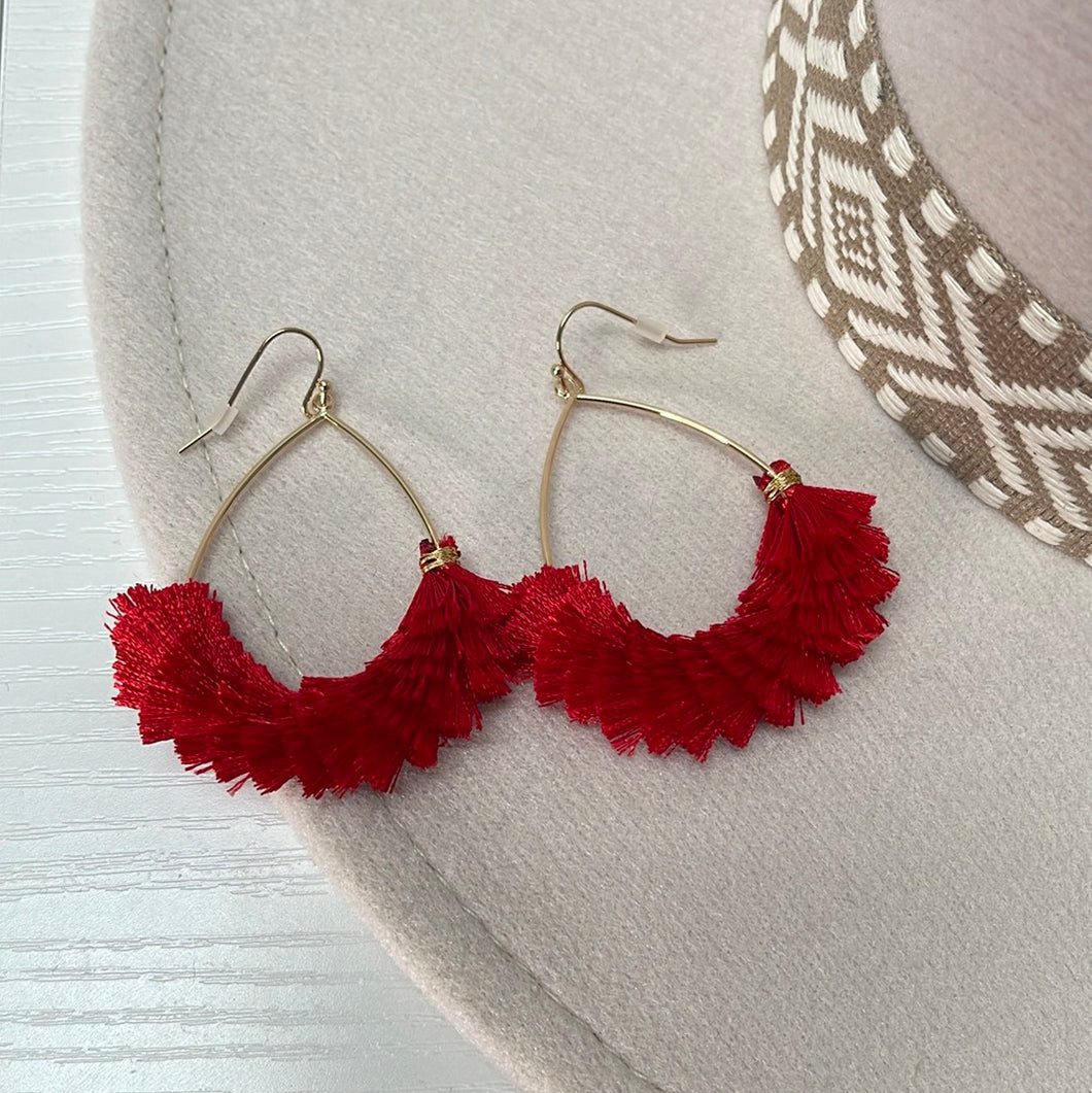 Red Textured Fringe Tassel Teardrop Earrings