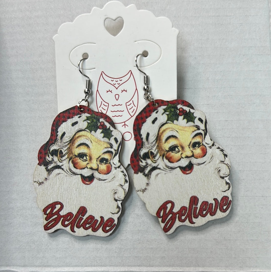 Believe Santa wood Christmas Earrings